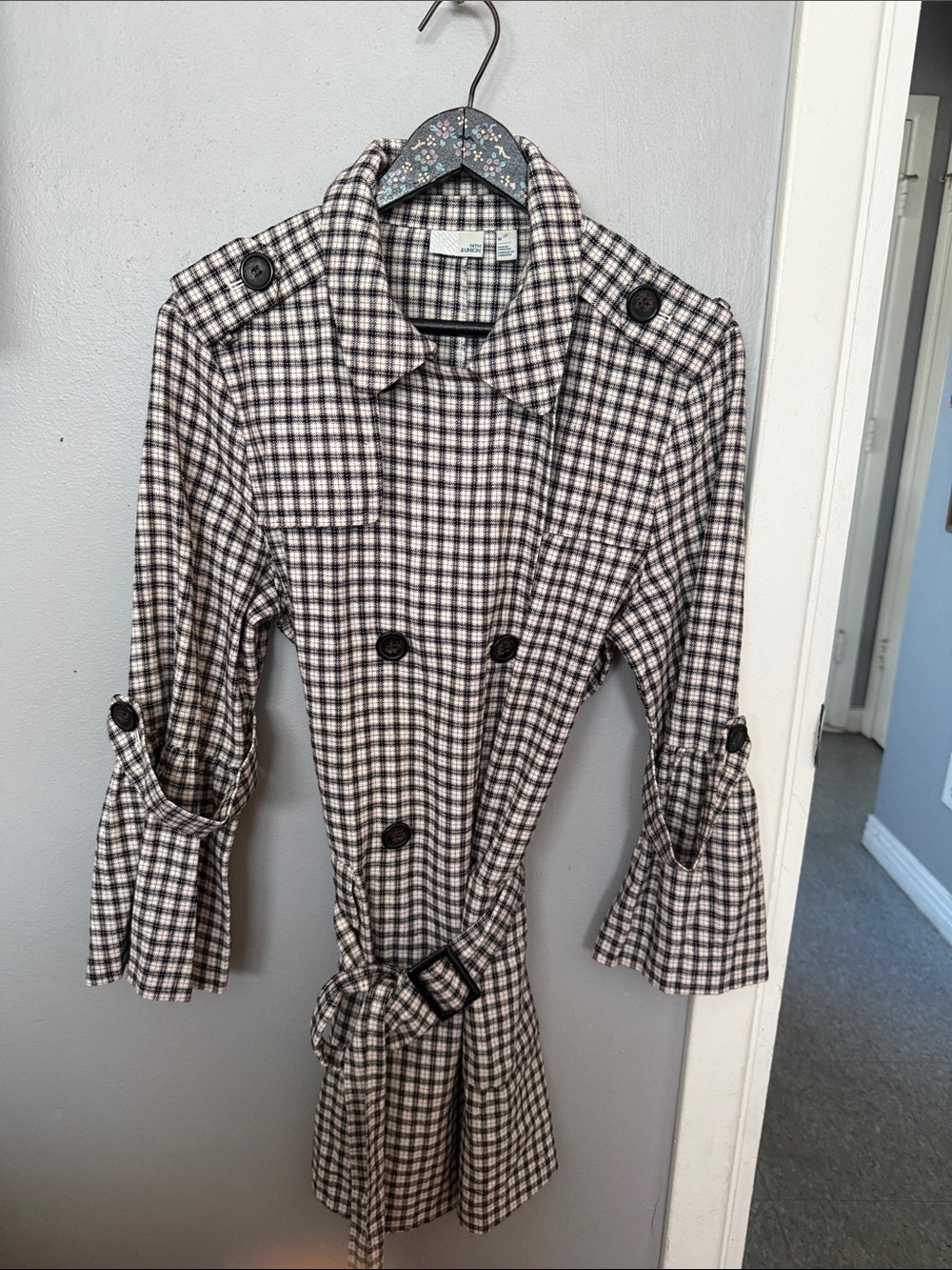 14th and Union 100% Cotton, Double Breasted Plaid Trench Coat